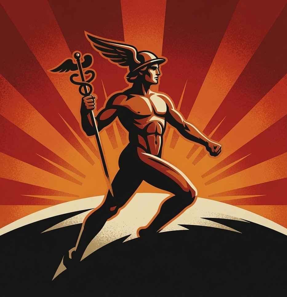 Mercury, the god, striding over the curve of the Earth against a sunburst
